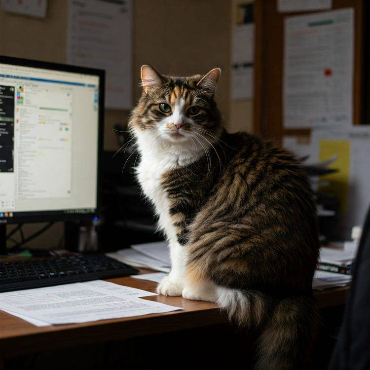 A fluffy cat with long fur sits upright on a wooden desk, looking directly at the camera with a calm expression. The cat has a white chest and paws, with brown and black striped patterns across its back and a touch of ginger on its face. It is positioned next to a computer monitor displaying spreadsheet-like data and a black keyboard. Papers are scattered across the desk, and a corkboard with various documents pinned to it is visible in the soft-focus background.